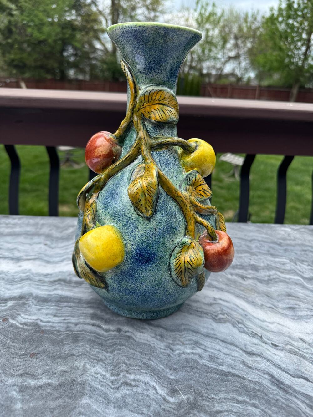 VINTAGE - Glazed Blue Majolica Pottery Vase, Red & Yellow Applied Apples/Vines